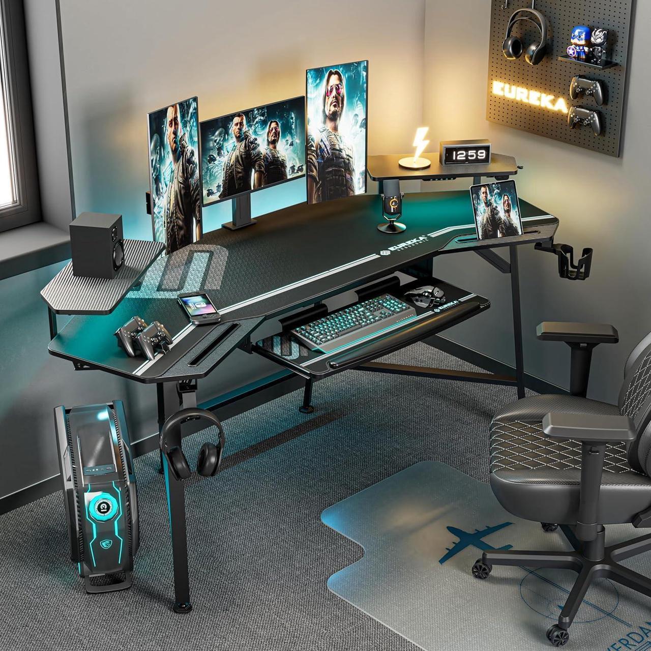 Alt view image 2 of 7 - EUREKA ERGONOMIC Aero Gaming Desk with Led Lights, 72" Large Wing-Shaped Studio Desk W Keyboard Tray Monitor Stand Dual Headphone Hanger Cup Holder for Live, Streamer