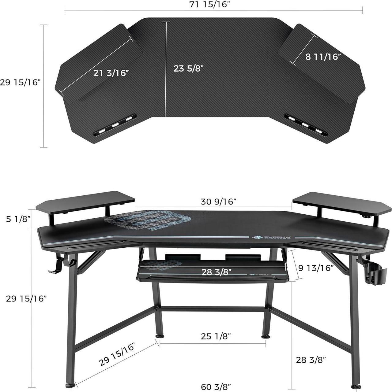 Alt view image 3 of 7 - EUREKA ERGONOMIC Aero Gaming Desk with Led Lights, 72" Large Wing-Shaped Studio Desk W Keyboard Tray Monitor Stand Dual Headphone Hanger Cup Holder for Live, Streamer