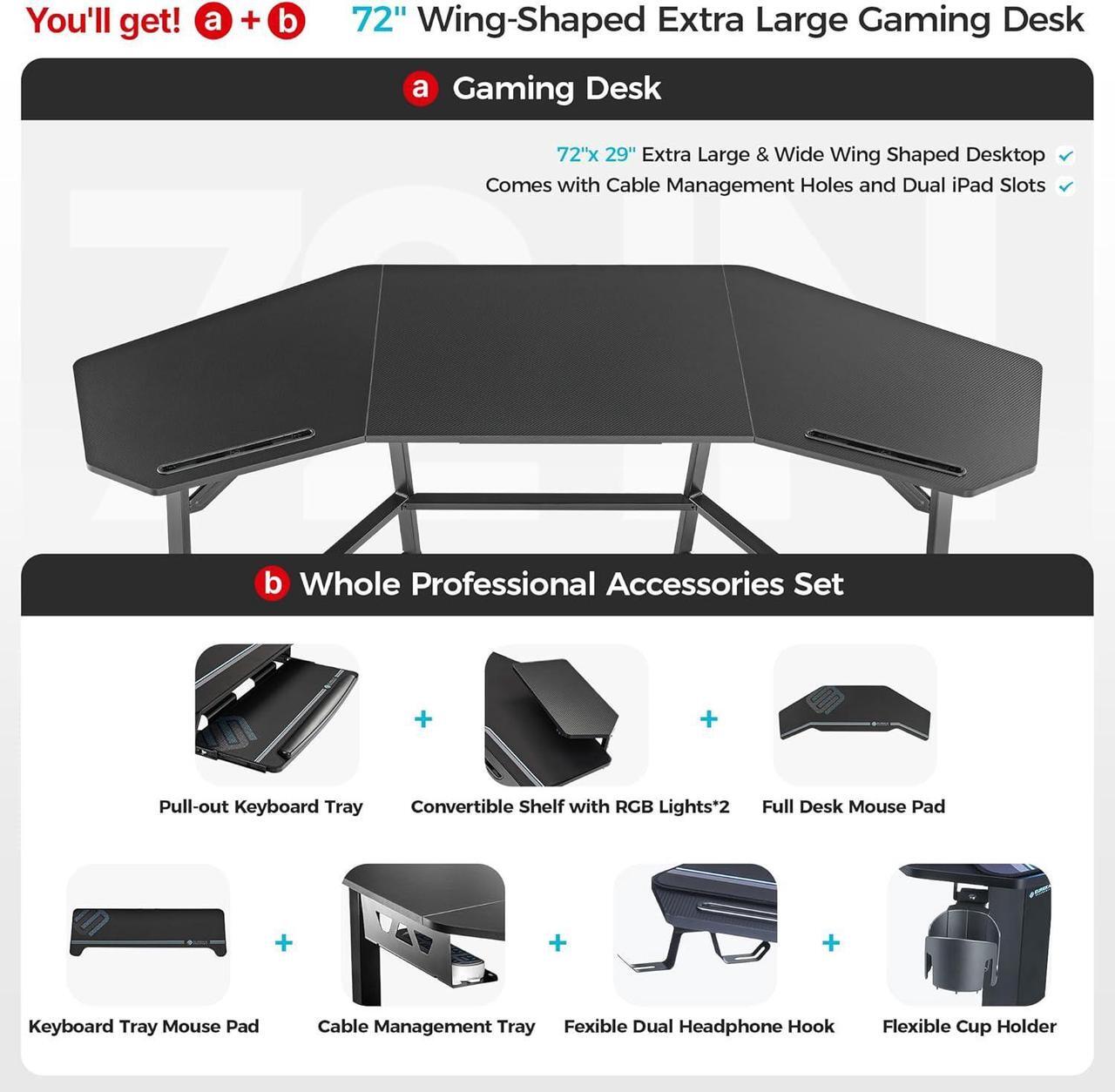 Alt view image 4 of 7 - EUREKA ERGONOMIC Aero Gaming Desk with Led Lights, 72" Large Wing-Shaped Studio Desk W Keyboard Tray Monitor Stand Dual Headphone Hanger Cup Holder for Live, Streamer