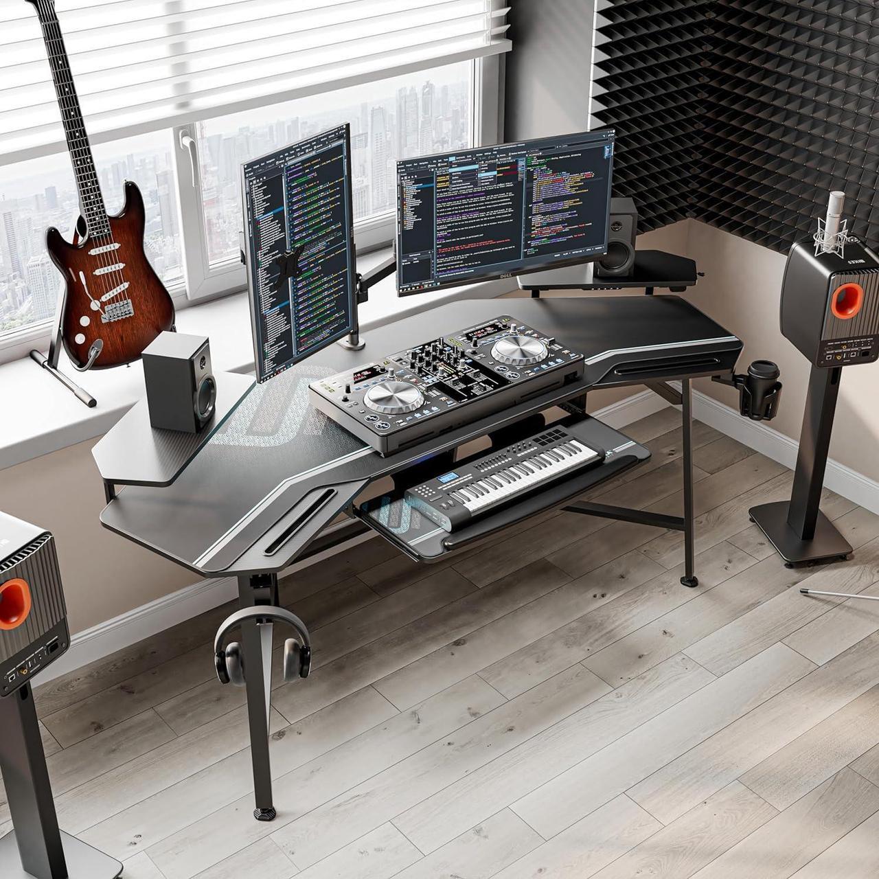 Alt view image 5 of 7 - EUREKA ERGONOMIC Aero Gaming Desk with Led Lights, 72" Large Wing-Shaped Studio Desk W Keyboard Tray Monitor Stand Dual Headphone Hanger Cup Holder for Live, Streamer