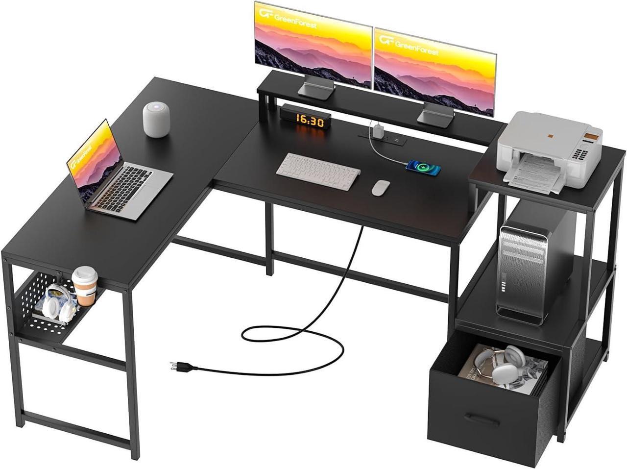 Main image of GreenForest 69 inch L Shaped Computer Desk, Corner Desk with Drawers and Power Outlet, Home Office Desk, Gaming Table with Storage and Long Monitor Shelf, Black