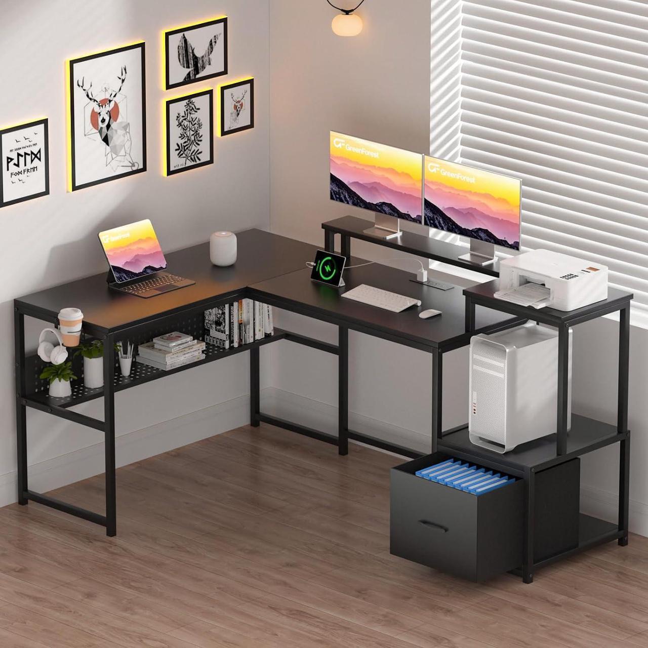 Alt view image 2 of 7 - GreenForest 69 inch L Shaped Computer Desk, Corner Desk with Drawers and Power Outlet, Home Office Desk, Gaming Table with Storage and Long Monitor Shelf, Black