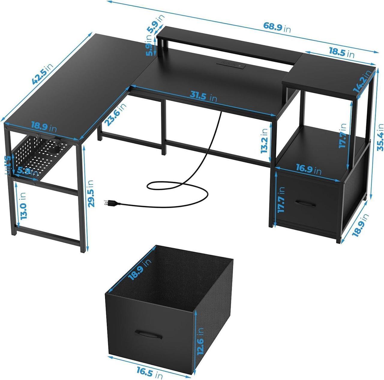 Alt view image 3 of 7 - GreenForest 69 inch L Shaped Computer Desk, Corner Desk with Drawers and Power Outlet, Home Office Desk, Gaming Table with Storage and Long Monitor Shelf, Black