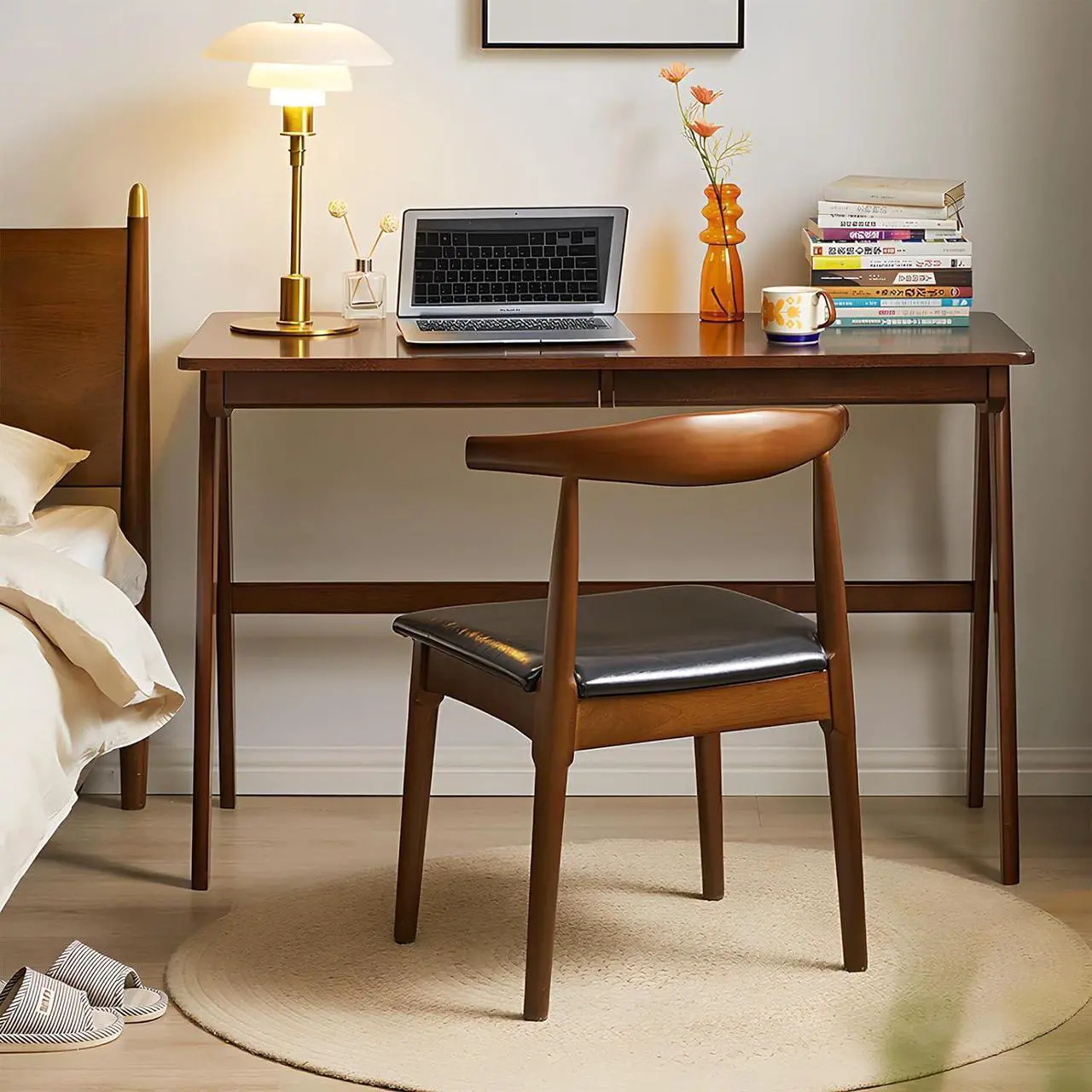 Alt view image 3 of 7 - Computer Desk with Drawers, Solid Wood Writing Desk, Mid Century Modern Home Office Desks, Oak Study Table, Small Desk for Bedroom, 29.1 H x 39.4 W x 21.7 D Inches, Walnut
