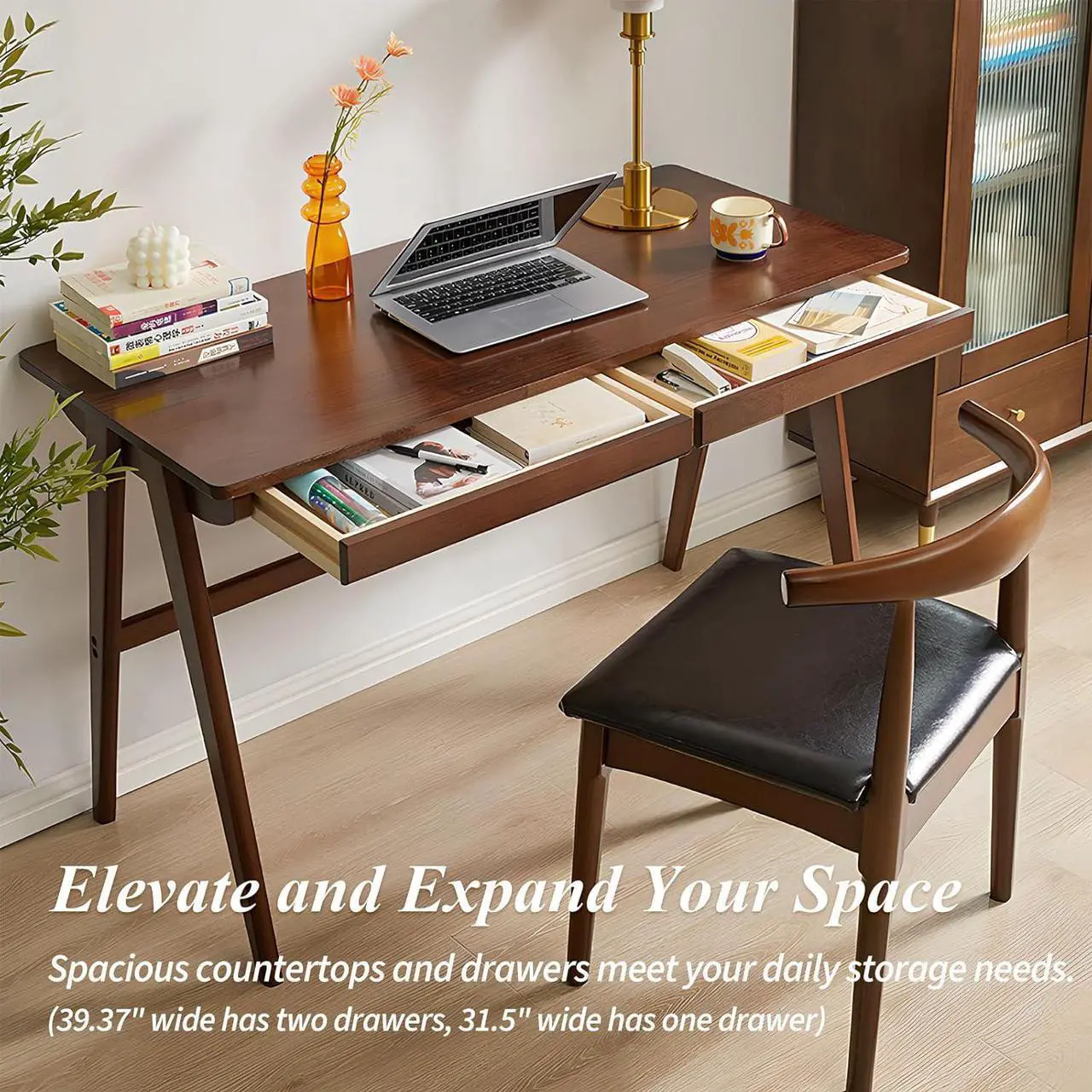 Alt view image 5 of 7 - Computer Desk with Drawers, Solid Wood Writing Desk, Mid Century Modern Home Office Desks, Oak Study Table, Small Desk for Bedroom, 29.1 H x 39.4 W x 21.7 D Inches, Walnut