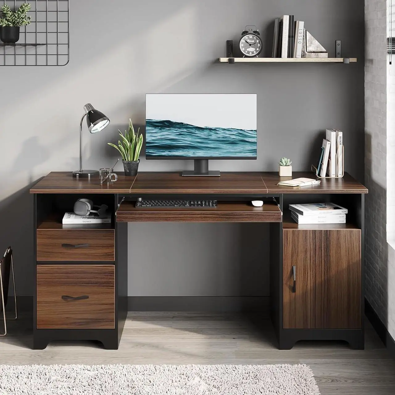 Main image of Bestier 59 Executive Desk with 2 Drawers, Computer Desk with Storage Cabinet, Industrial Wood Desk with File Drawer, Keyboard Tray & 2 Pedestals for Home Office & Studio, Cherry