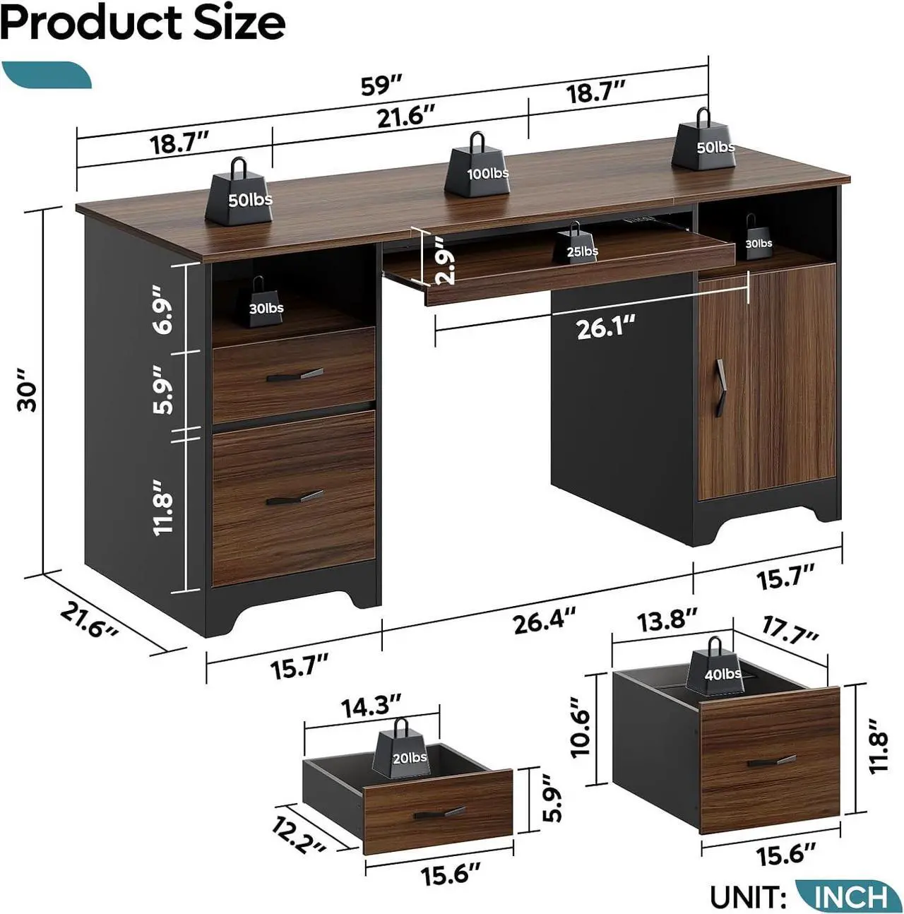 Alt view image 2 of 7 - Bestier 59 Executive Desk with 2 Drawers, Computer Desk with Storage Cabinet, Industrial Wood Desk with File Drawer, Keyboard Tray & 2 Pedestals for Home Office & Studio, Cherry