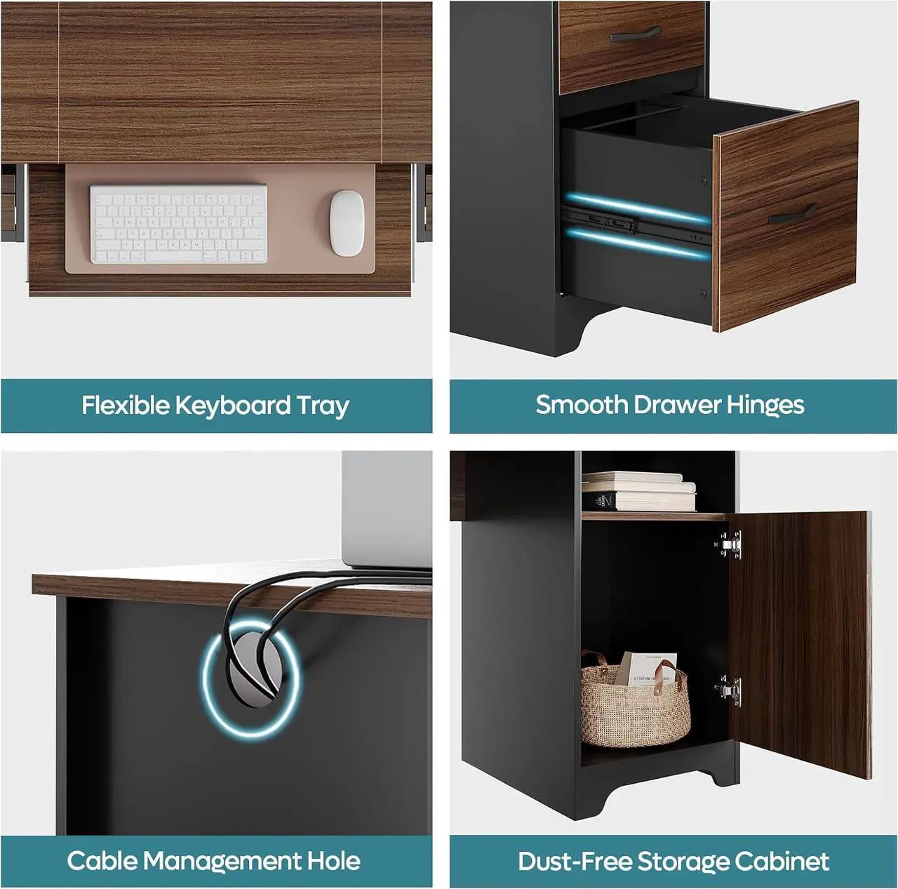Alt view image 4 of 7 - Bestier 59 Executive Desk with 2 Drawers, Computer Desk with Storage Cabinet, Industrial Wood Desk with File Drawer, Keyboard Tray & 2 Pedestals for Home Office & Studio, Cherry