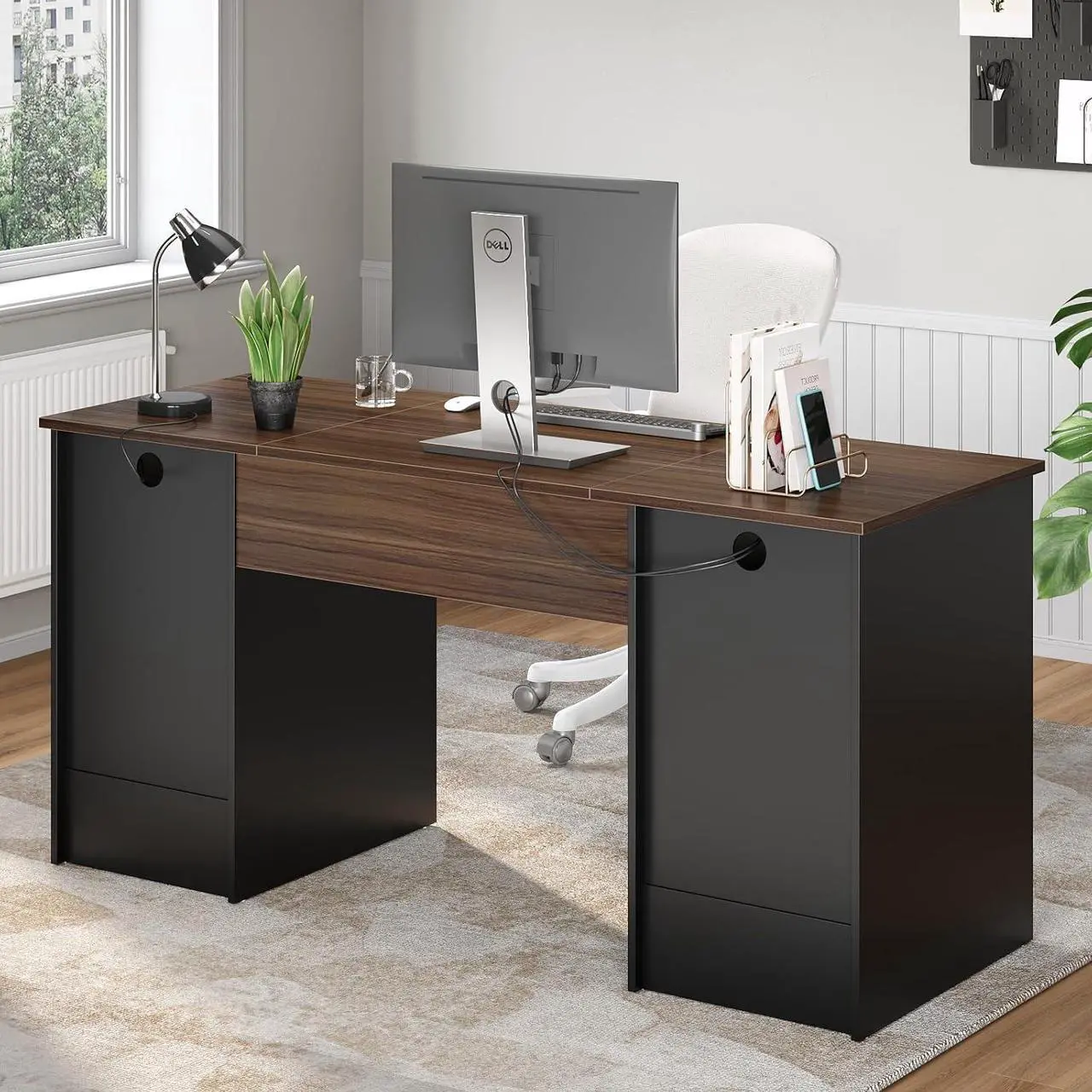 Alt view image 5 of 7 - Bestier 59 Executive Desk with 2 Drawers, Computer Desk with Storage Cabinet, Industrial Wood Desk with File Drawer, Keyboard Tray & 2 Pedestals for Home Office & Studio, Cherry