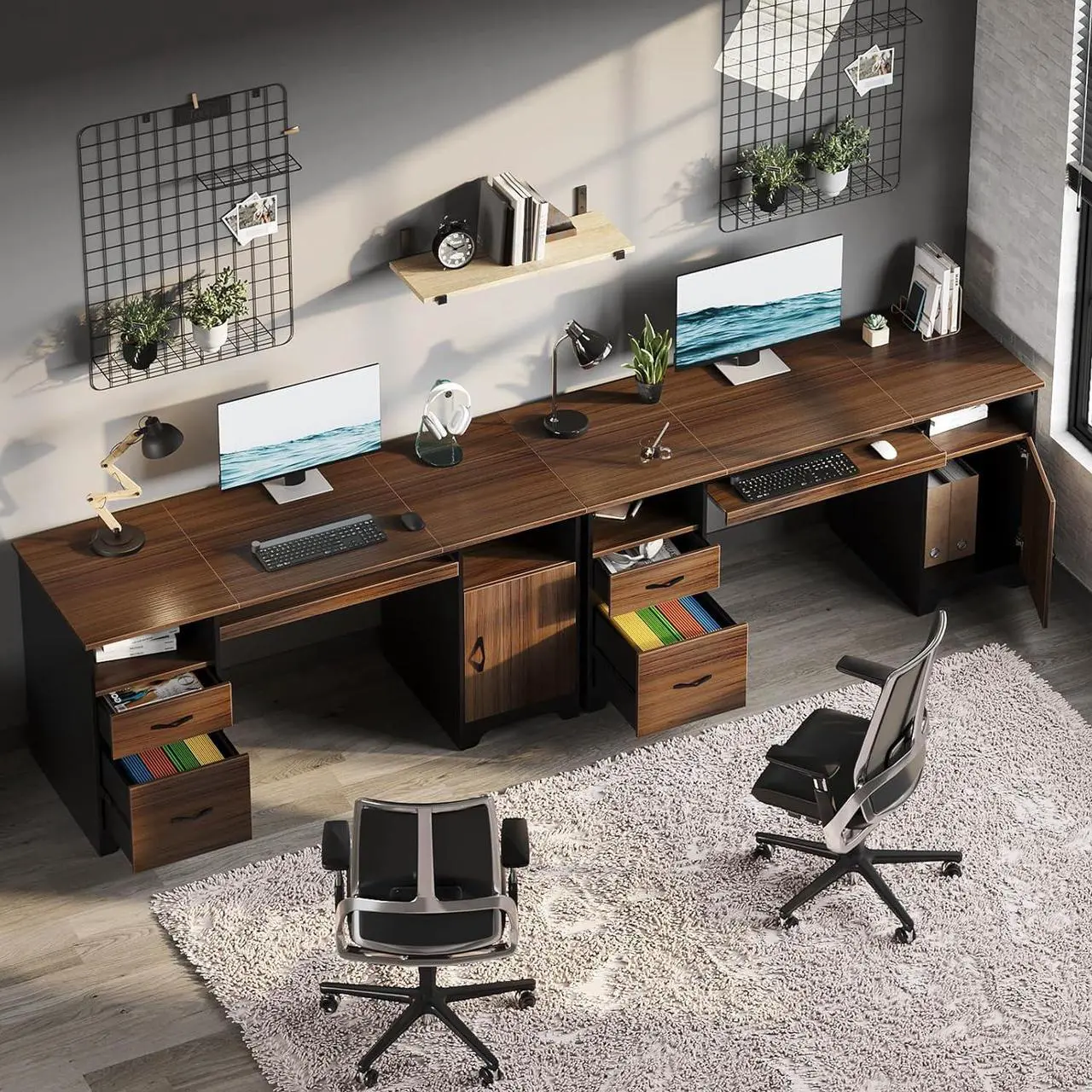Alt view image 7 of 7 - Bestier 59 Executive Desk with 2 Drawers, Computer Desk with Storage Cabinet, Industrial Wood Desk with File Drawer, Keyboard Tray & 2 Pedestals for Home Office & Studio, Cherry