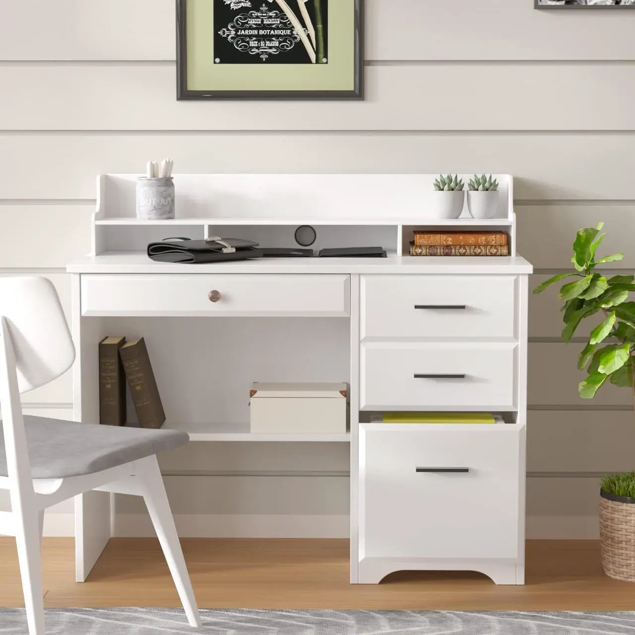 Alt view image 5 of 6 - Catrimown Computer Desk with Storage Drawers and Hutch, 44 Inch Home Office Desks with 4 Drawers & Monitor Stand for Small Space, Small White Desk Writing Table Study Desks for Bedroom, White