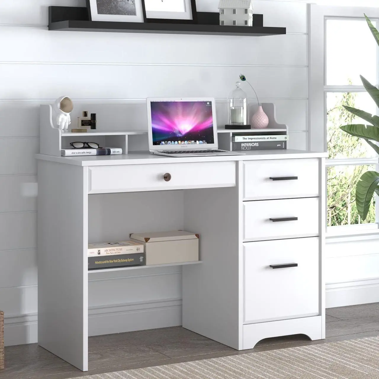 Alt view image 6 of 6 - Catrimown Computer Desk with Storage Drawers and Hutch, 44 Inch Home Office Desks with 4 Drawers & Monitor Stand for Small Space, Small White Desk Writing Table Study Desks for Bedroom, White