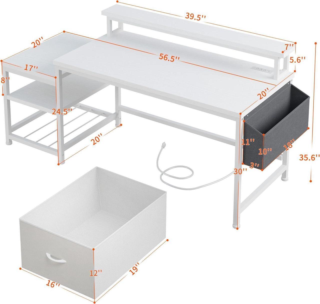 Alt view image 2 of 7 - EnHomee 56.5" Computer Desk with File Drawers Cabinet,Study Writing Gaming Desk with Power Outlets,Home Office Desk with Shelves Monitor Stand,Work Table with Printer Space,White