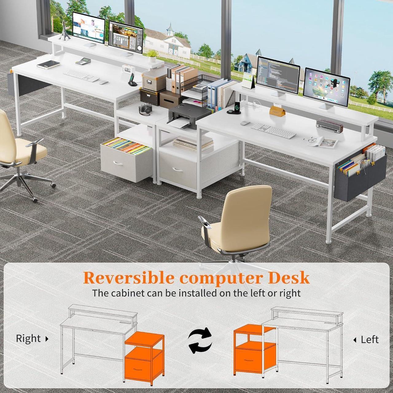 Alt view image 7 of 7 - EnHomee 56.5" Computer Desk with File Drawers Cabinet,Study Writing Gaming Desk with Power Outlets,Home Office Desk with Shelves Monitor Stand,Work Table with Printer Space,White