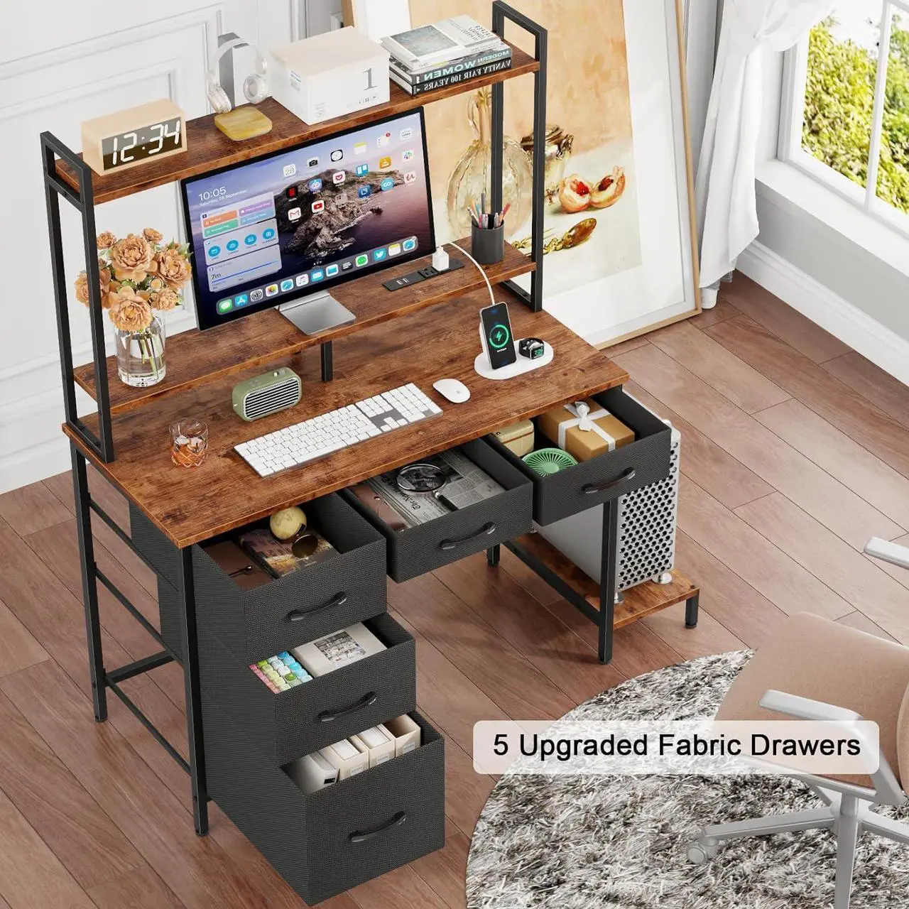 Alt view image 2 of 7 - Computer Desk with Hutch, Gaming Desk with Power Outlets & LED Ligthts & 5 Fabric Drawers, Home Office Desk with 2 Tiers Storage Shelves for Display, 39" PC Gamer Table for Bedroom, Rustic Brown