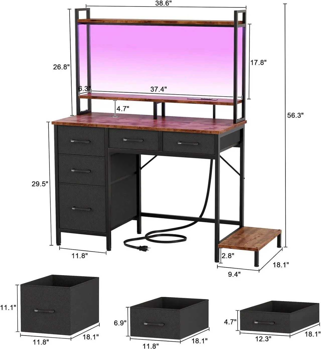 Alt view image 3 of 7 - Computer Desk with Hutch, Gaming Desk with Power Outlets & LED Ligthts & 5 Fabric Drawers, Home Office Desk with 2 Tiers Storage Shelves for Display, 39" PC Gamer Table for Bedroom, Rustic Brown