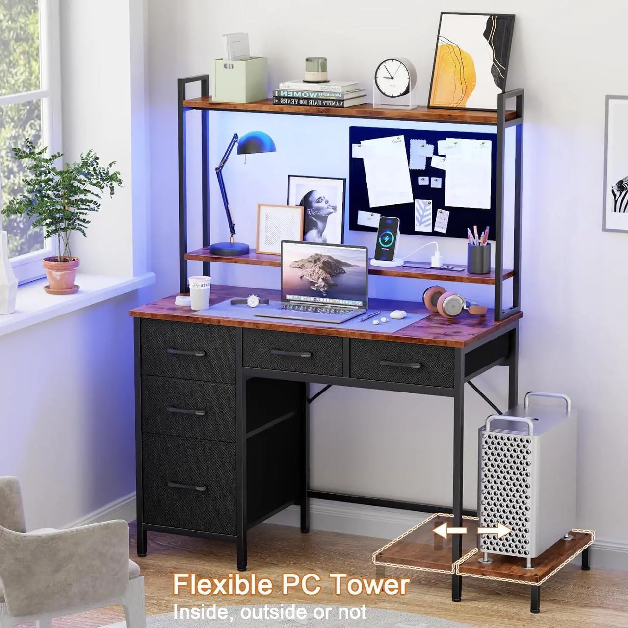 Alt view image 4 of 7 - Computer Desk with Hutch, Gaming Desk with Power Outlets & LED Ligthts & 5 Fabric Drawers, Home Office Desk with 2 Tiers Storage Shelves for Display, 39" PC Gamer Table for Bedroom, Rustic Brown