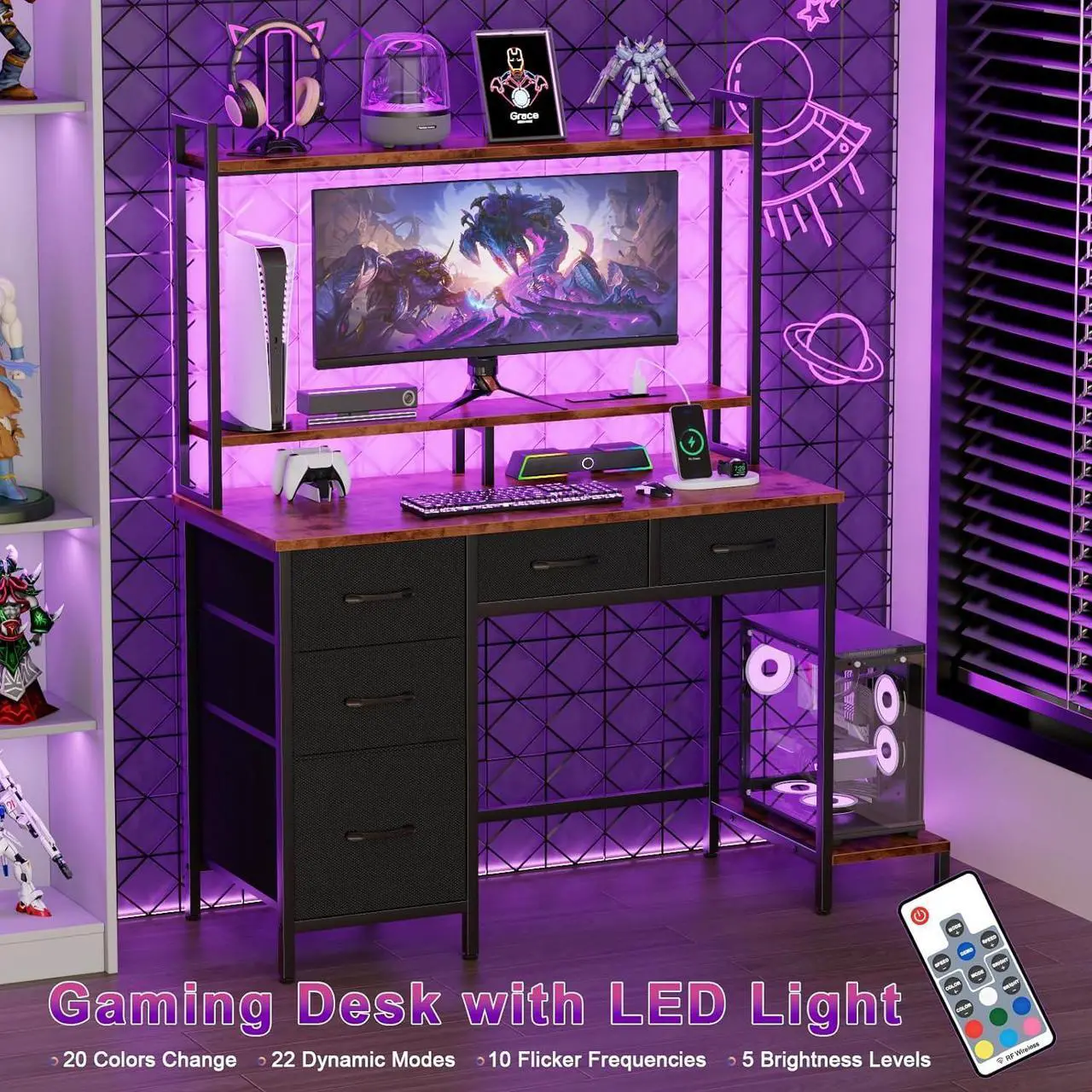 Alt view image 6 of 7 - Computer Desk with Hutch, Gaming Desk with Power Outlets & LED Ligthts & 5 Fabric Drawers, Home Office Desk with 2 Tiers Storage Shelves for Display, 39" PC Gamer Table for Bedroom, Rustic Brown