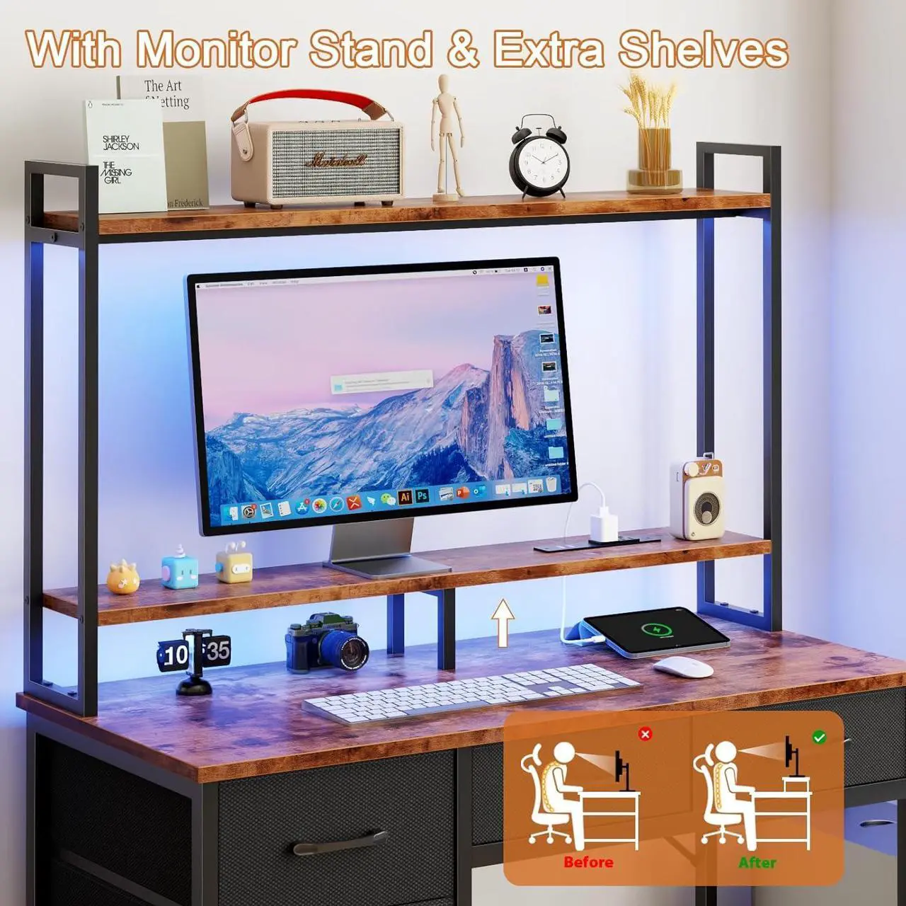 Alt view image 5 of 7 - Computer Desk with Hutch, Gaming Desk with Power Outlets & LED Ligthts & 5 Fabric Drawers, Home Office Desk with 2 Tiers Storage Shelves for Display, 39" PC Gamer Table for Bedroom, Rustic Brown