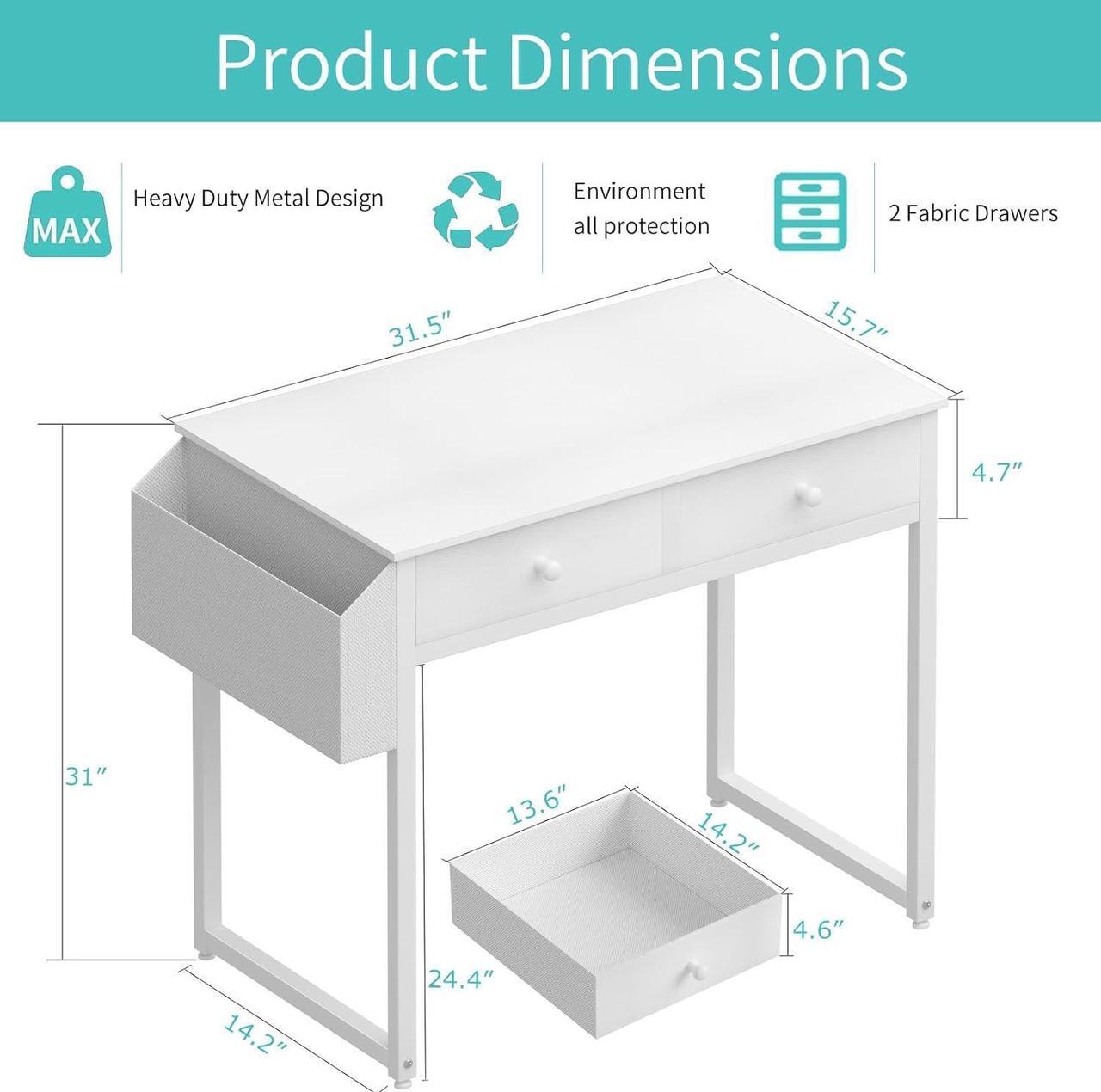 Alt view image 3 of 7 - Lufeiya Small White Desk with Drawers - for Bedroom, 32 Inch Home Office Computer Desk with Fabric Storage Drawer and Bag, Study Writing Table for Small Spaces, White