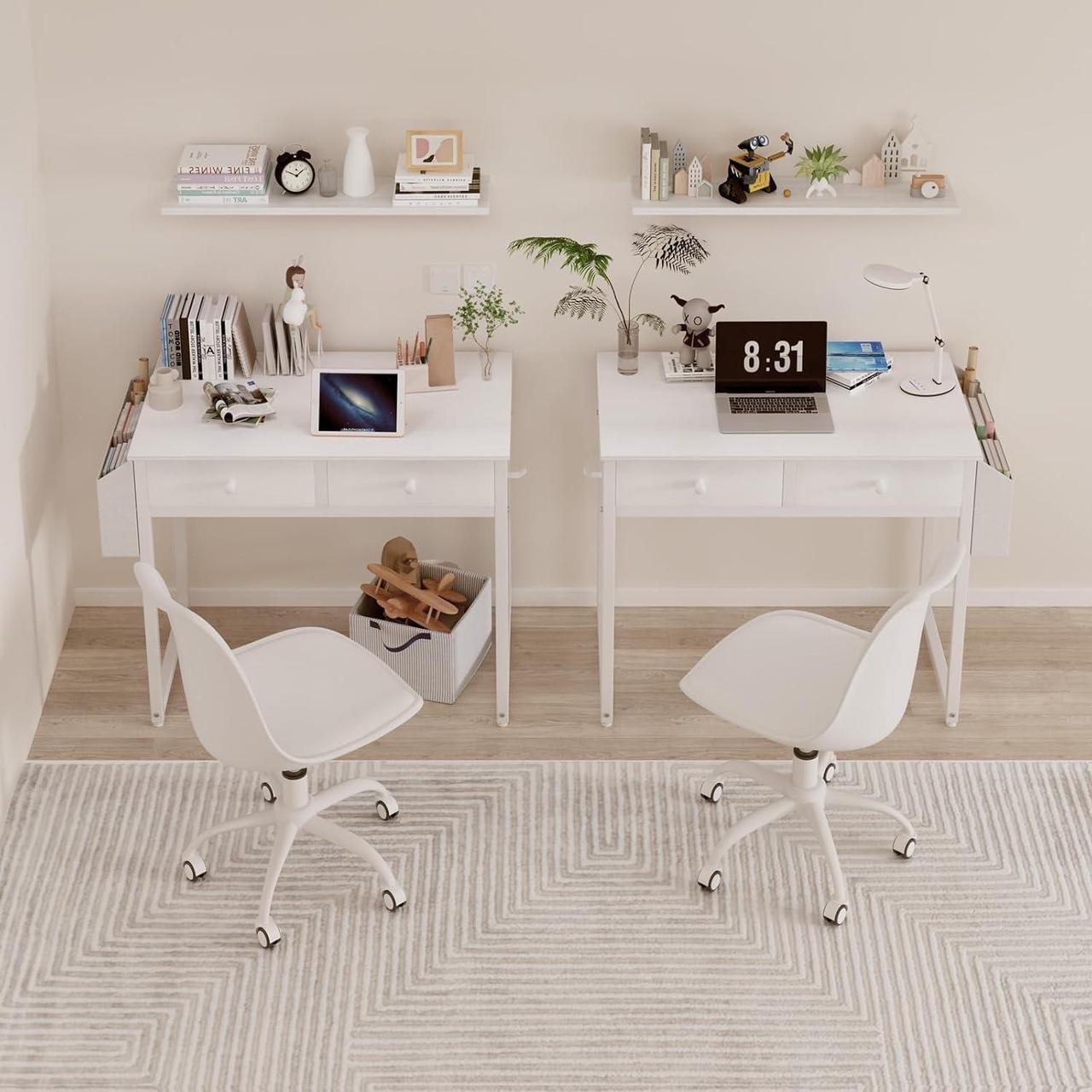 Alt view image 6 of 7 - Lufeiya Small White Desk with Drawers - for Bedroom, 32 Inch Home Office Computer Desk with Fabric Storage Drawer and Bag, Study Writing Table for Small Spaces, White