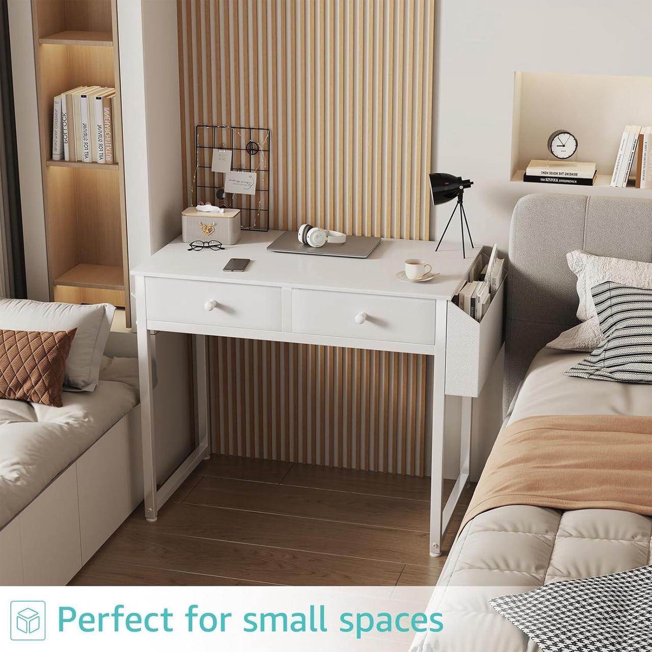 Alt view image 5 of 7 - Lufeiya Small White Desk with Drawers - for Bedroom, 32 Inch Home Office Computer Desk with Fabric Storage Drawer and Bag, Study Writing Table for Small Spaces, White