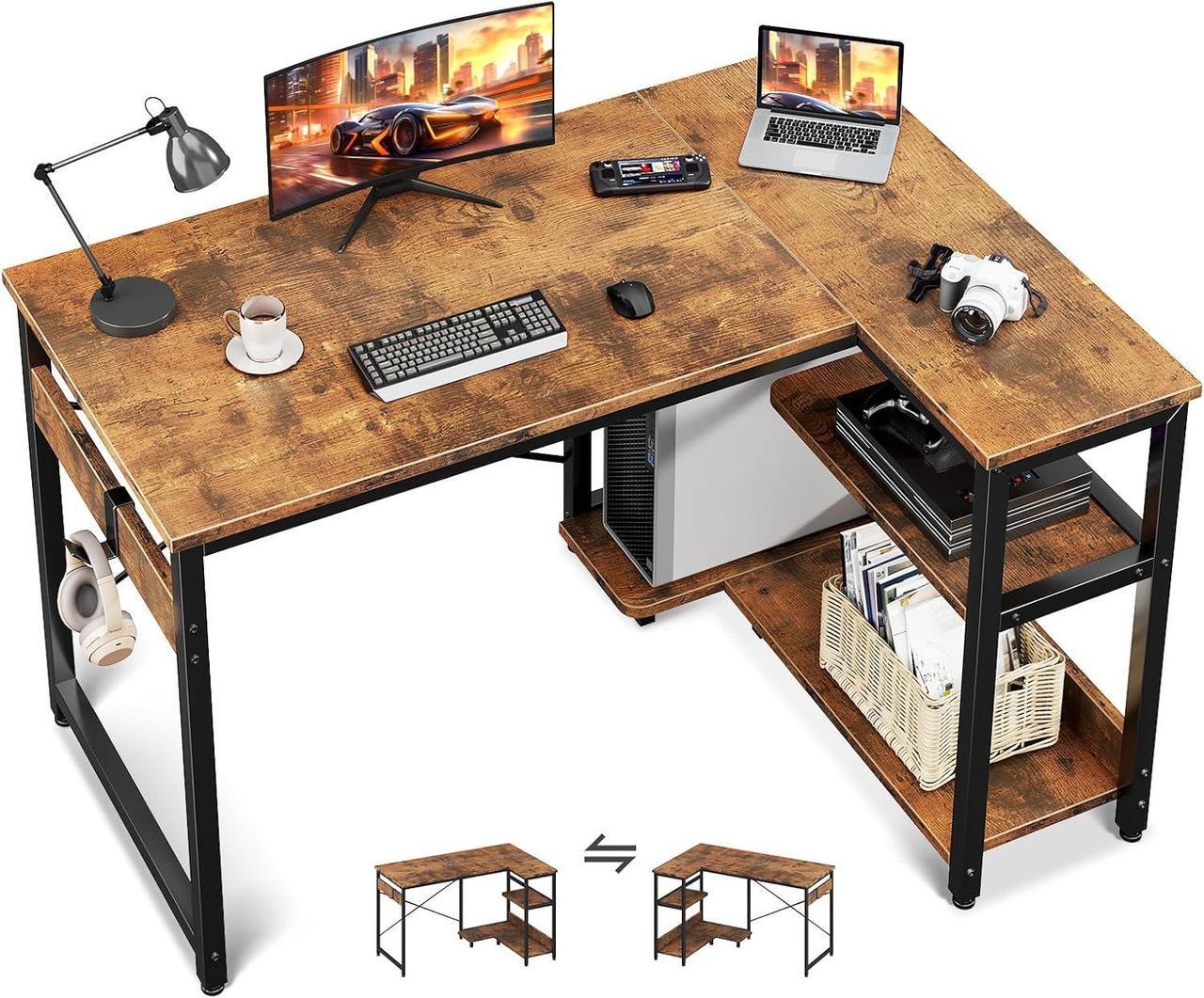 Main image of Casaottima L Shaped Computer Desk, 40 Inch Small Corner Desk with Storage Shelves & PC Stand, Reversible Gaming Desk for Bedroom, Modern Writing Study Table for Home Office, Vintage