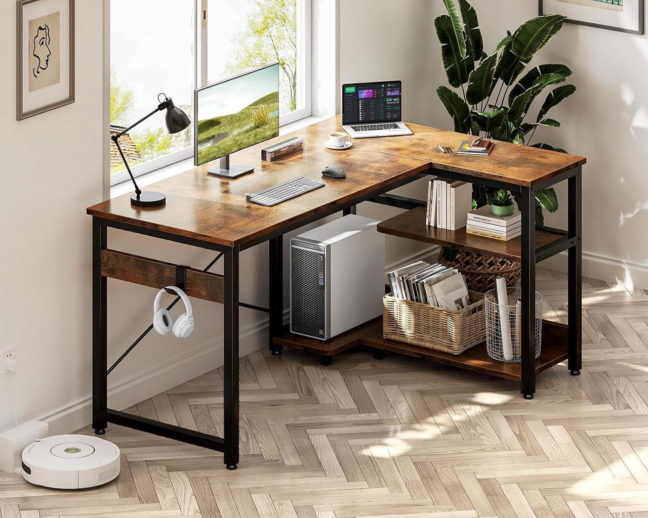 Alt view image 2 of 7 - Casaottima L Shaped Computer Desk, 40 Inch Small Corner Desk with Storage Shelves & PC Stand, Reversible Gaming Desk for Bedroom, Modern Writing Study Table for Home Office, Vintage