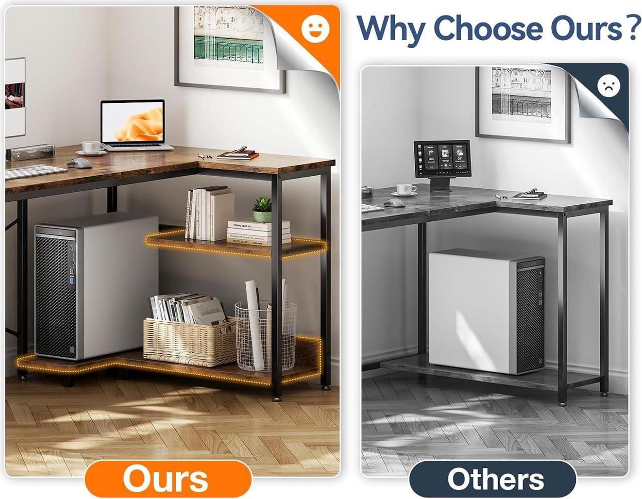 Alt view image 4 of 7 - Casaottima L Shaped Computer Desk, 40 Inch Small Corner Desk with Storage Shelves & PC Stand, Reversible Gaming Desk for Bedroom, Modern Writing Study Table for Home Office, Vintage