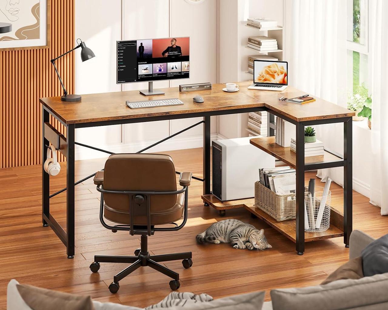 Alt view image 6 of 7 - Casaottima L Shaped Computer Desk, 40 Inch Small Corner Desk with Storage Shelves & PC Stand, Reversible Gaming Desk for Bedroom, Modern Writing Study Table for Home Office, Vintage