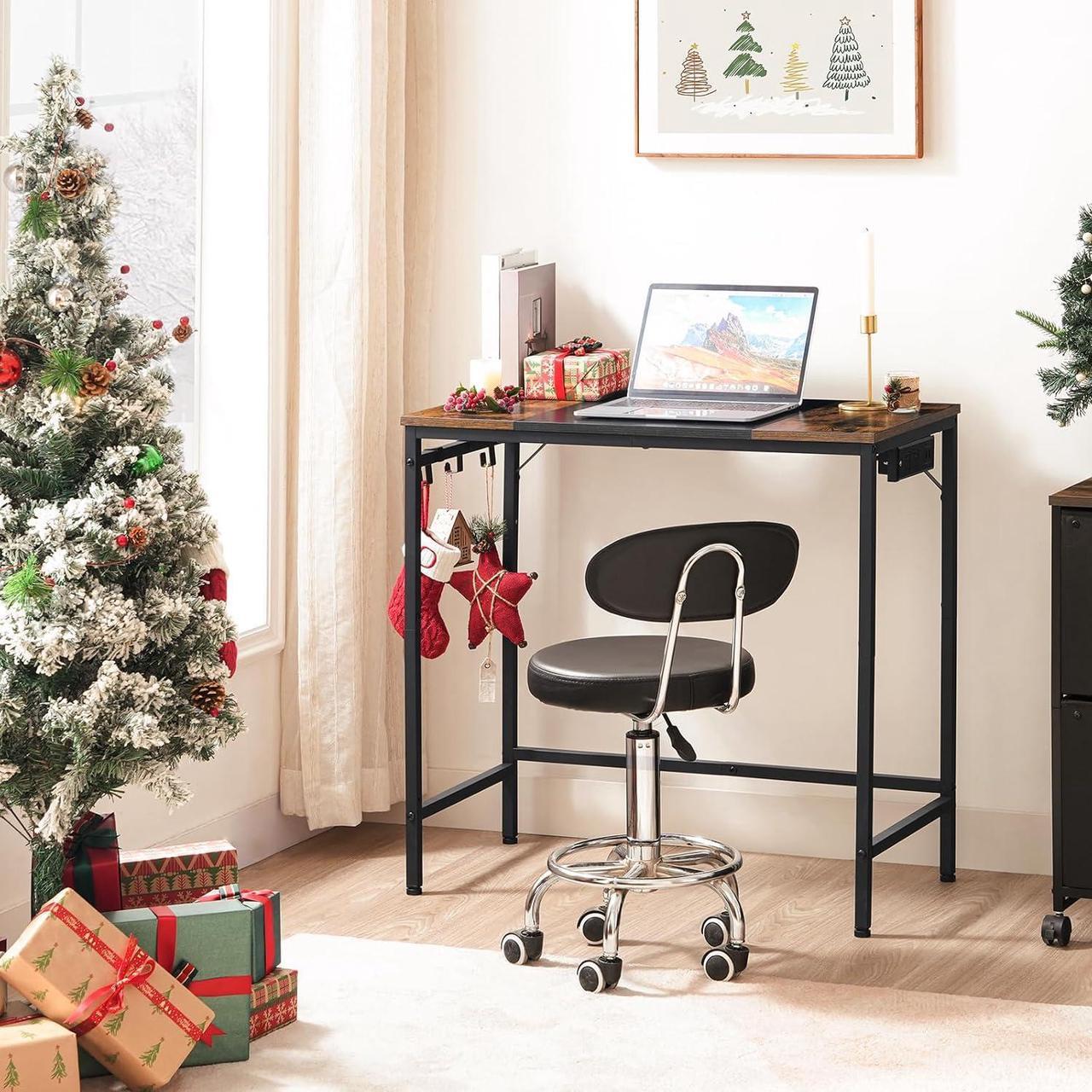 Alt view image 2 of 7 - HOOBRO Computer Desk, Home Office Desk with Power Outlet, Modern Study Writing Desk with 3 Hooks for Study Room, Home Office, Sturdy and Stable, Easy to Assemble, Rustic Brown and Black BF40UDN01