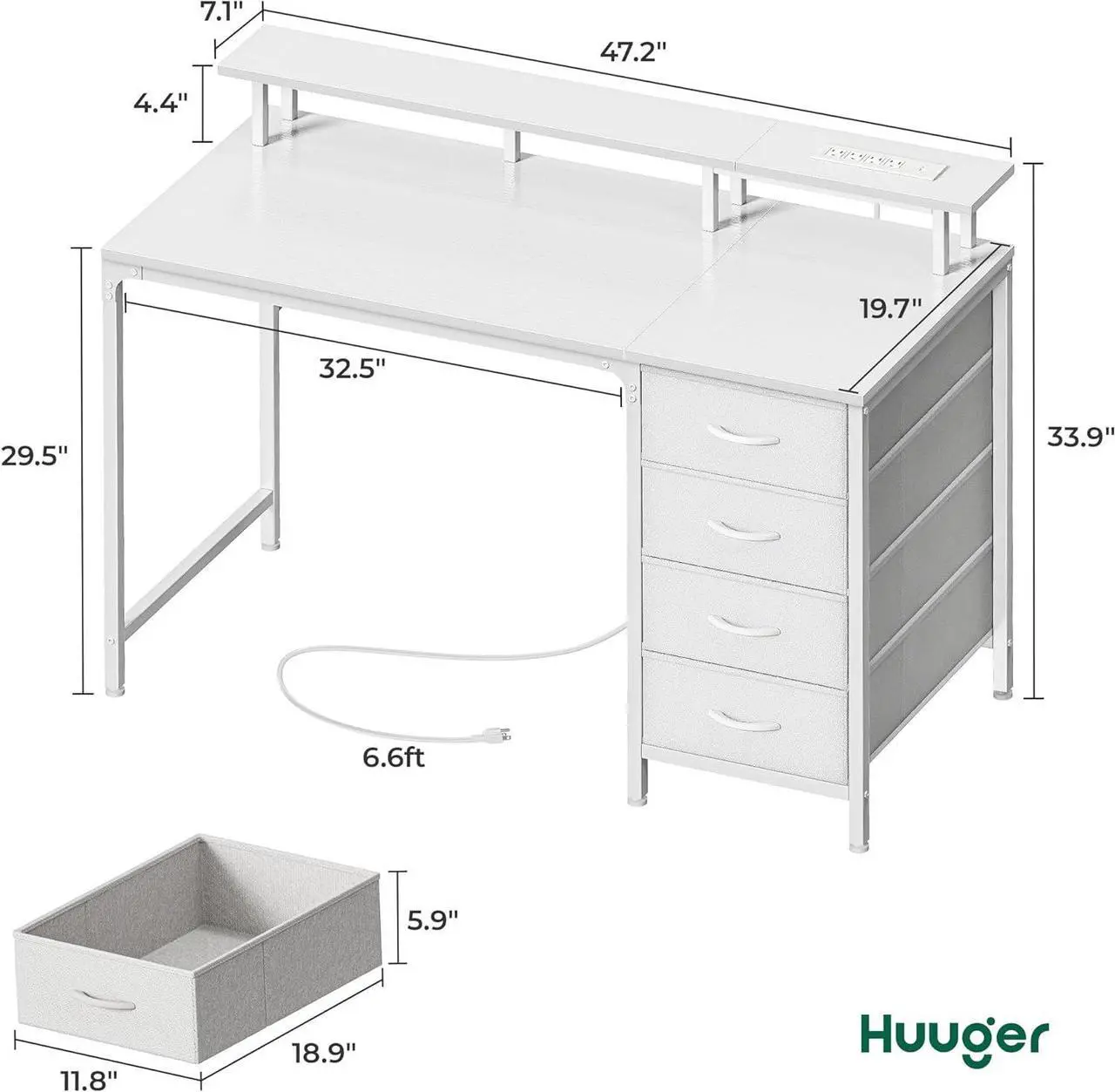Alt view image 2 of 7 - Huuger 47 Inch Computer Desk with Power Outlets and LED Lights, Gaming Desk with 4 Drawers, Office Desk with Monitor Stand, Study Desk Work Desk for Home Office, Small Spaces, White