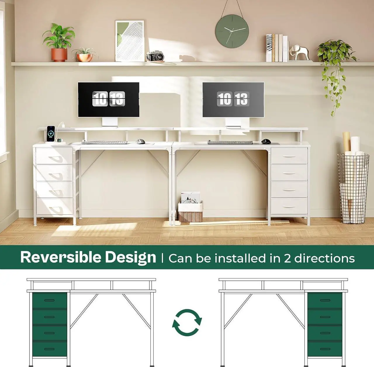 Alt view image 7 of 7 - Huuger 47 Inch Computer Desk with Power Outlets and LED Lights, Gaming Desk with 4 Drawers, Office Desk with Monitor Stand, Study Desk Work Desk for Home Office, Small Spaces, White