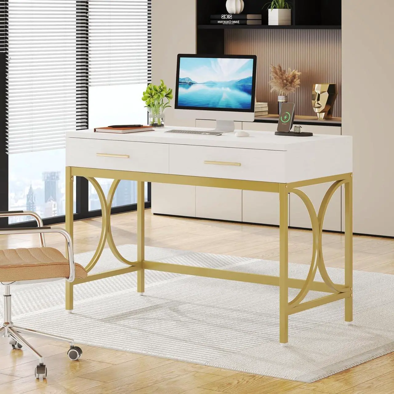 Main image of Tribesigns Modern Computer Desk with 2 Drawers, 41 Inches Study Writing Office Desk for Home Office, Bedroom, Makeup Vanity Table Desk with Gold Metal Frame, White & Gold
