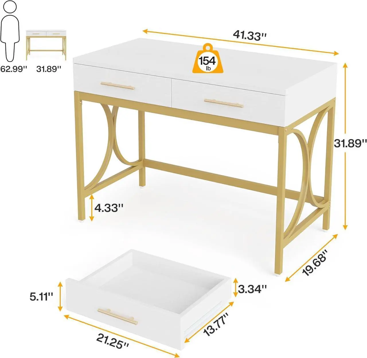 Alt view image 2 of 7 - Tribesigns Modern Computer Desk with 2 Drawers, 41 Inches Study Writing Office Desk for Home Office, Bedroom, Makeup Vanity Table Desk with Gold Metal Frame, White & Gold