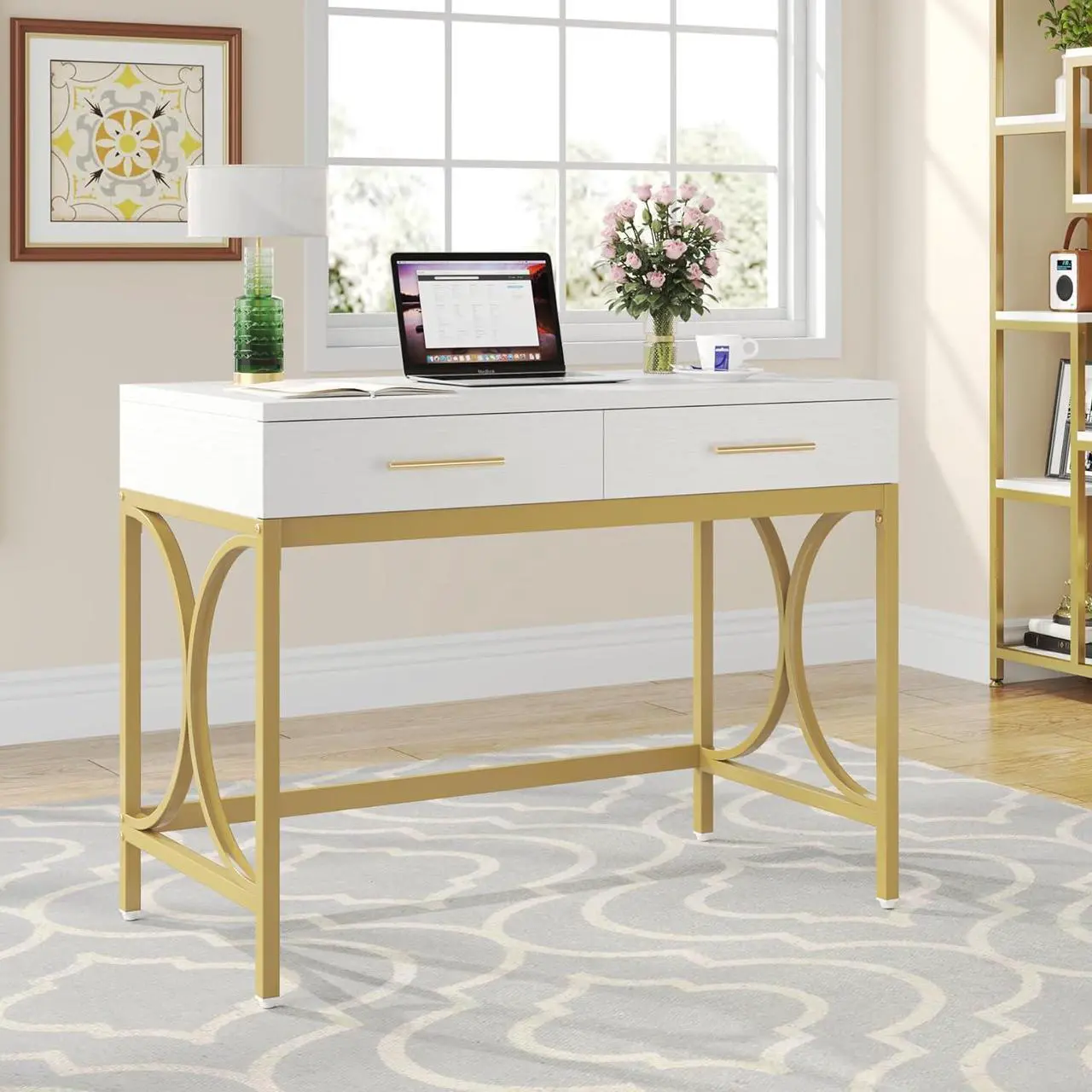 Alt view image 3 of 7 - Tribesigns Modern Computer Desk with 2 Drawers, 41 Inches Study Writing Office Desk for Home Office, Bedroom, Makeup Vanity Table Desk with Gold Metal Frame, White & Gold
