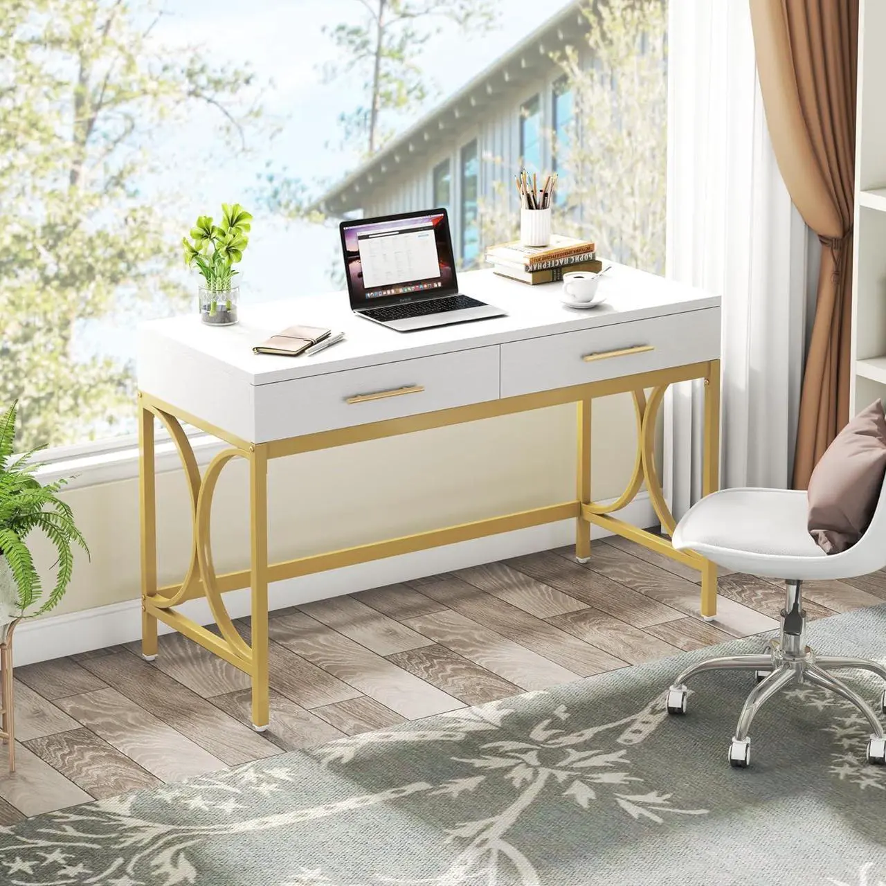 Alt view image 5 of 7 - Tribesigns Modern Computer Desk with 2 Drawers, 41 Inches Study Writing Office Desk for Home Office, Bedroom, Makeup Vanity Table Desk with Gold Metal Frame, White & Gold