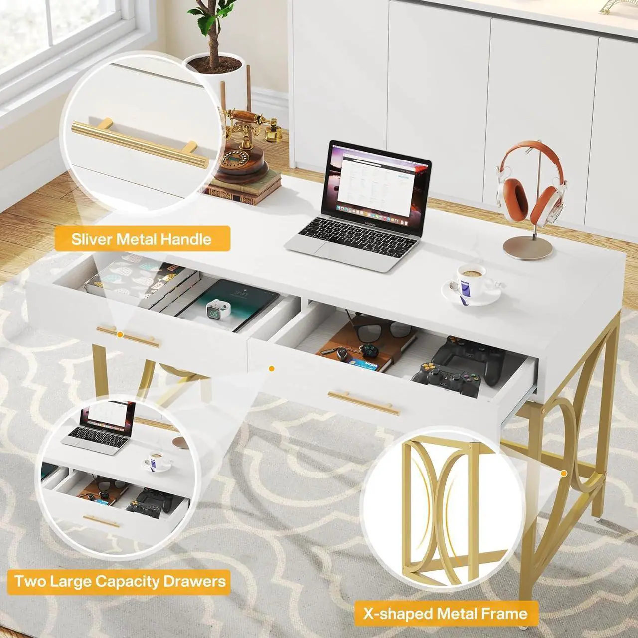 Alt view image 7 of 7 - Tribesigns Modern Computer Desk with 2 Drawers, 41 Inches Study Writing Office Desk for Home Office, Bedroom, Makeup Vanity Table Desk with Gold Metal Frame, White & Gold