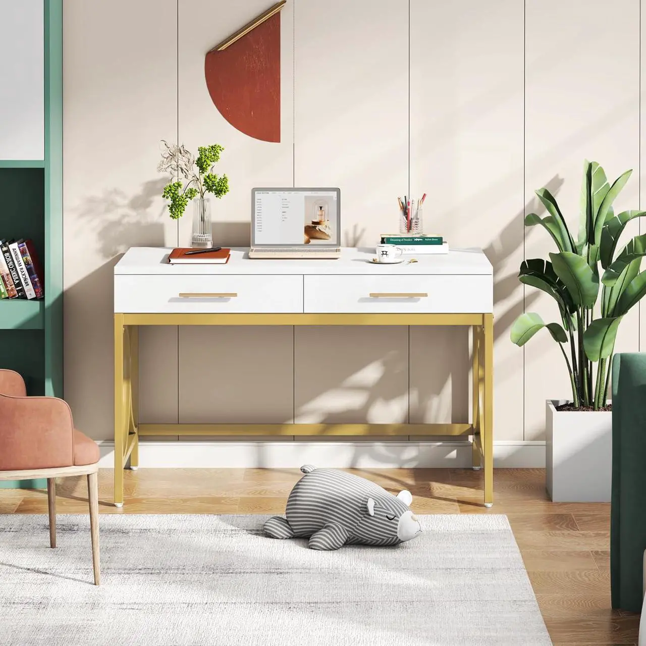 Alt view image 6 of 7 - Tribesigns Modern Computer Desk with 2 Drawers, 41 Inches Study Writing Office Desk for Home Office, Bedroom, Makeup Vanity Table Desk with Gold Metal Frame, White & Gold