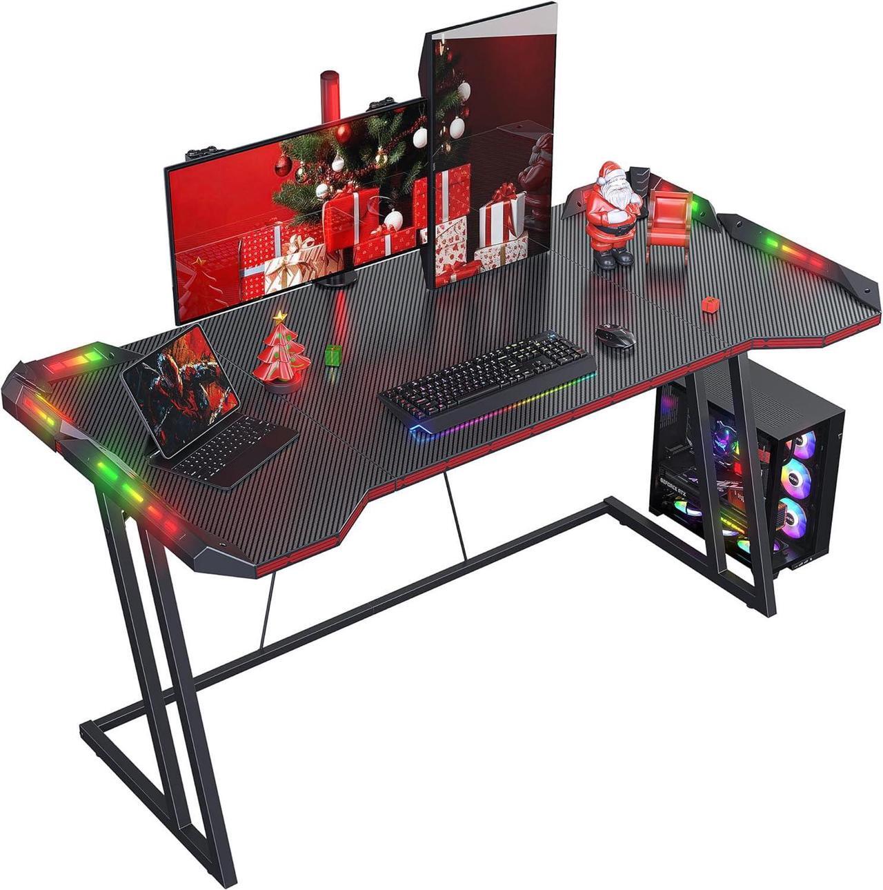 Main image of CubiCubi Gaming Desk with LED Lights, 55 Inch Z Shaped Gamer Desk, Home Game Computer Desk with Carbon Fiber Surface, Ergonomic Office PC Workstation with Cable Management, Black