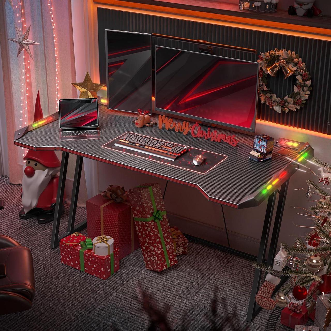 Alt view image 2 of 7 - CubiCubi Gaming Desk with LED Lights, 55 Inch Z Shaped Gamer Desk, Home Game Computer Desk with Carbon Fiber Surface, Ergonomic Office PC Workstation with Cable Management, Black