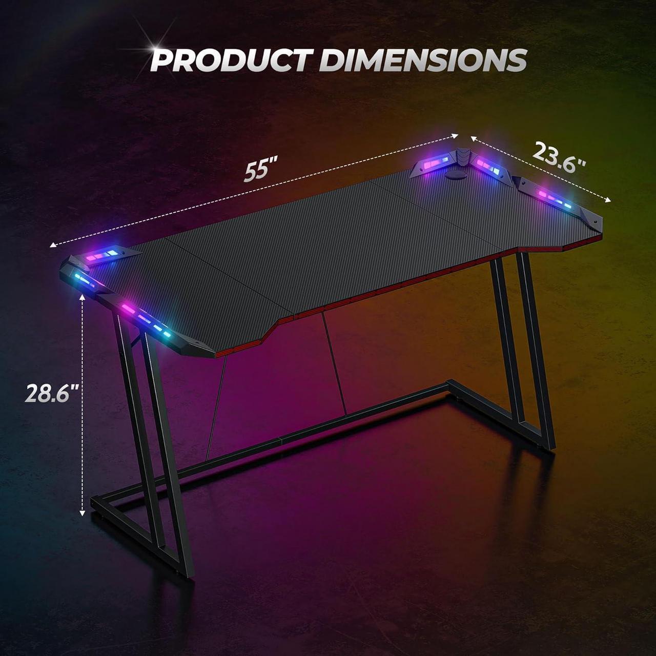 Alt view image 3 of 7 - CubiCubi Gaming Desk with LED Lights, 55 Inch Z Shaped Gamer Desk, Home Game Computer Desk with Carbon Fiber Surface, Ergonomic Office PC Workstation with Cable Management, Black