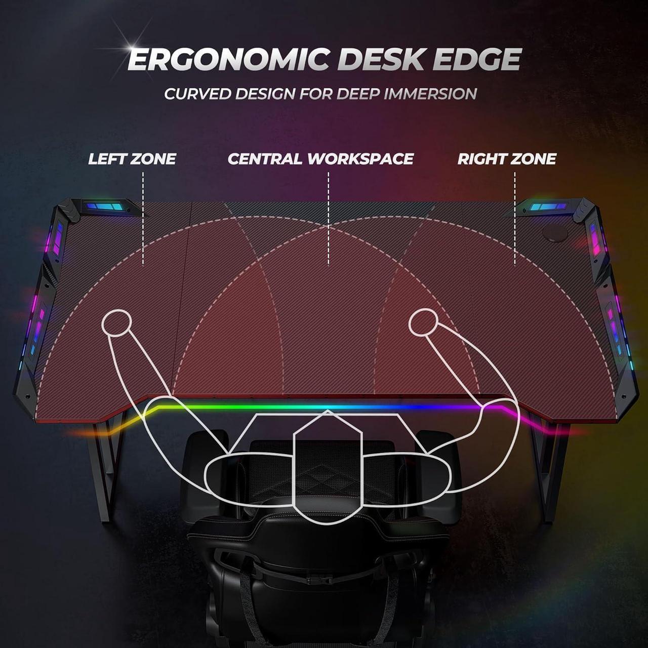 Alt view image 5 of 7 - CubiCubi Gaming Desk with LED Lights, 55 Inch Z Shaped Gamer Desk, Home Game Computer Desk with Carbon Fiber Surface, Ergonomic Office PC Workstation with Cable Management, Black