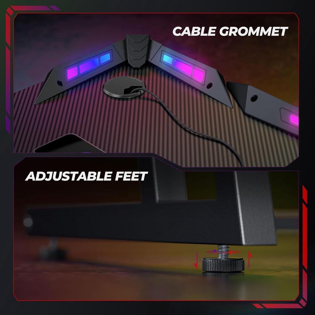 Alt view image 6 of 7 - CubiCubi Gaming Desk with LED Lights, 55 Inch Z Shaped Gamer Desk, Home Game Computer Desk with Carbon Fiber Surface, Ergonomic Office PC Workstation with Cable Management, Black