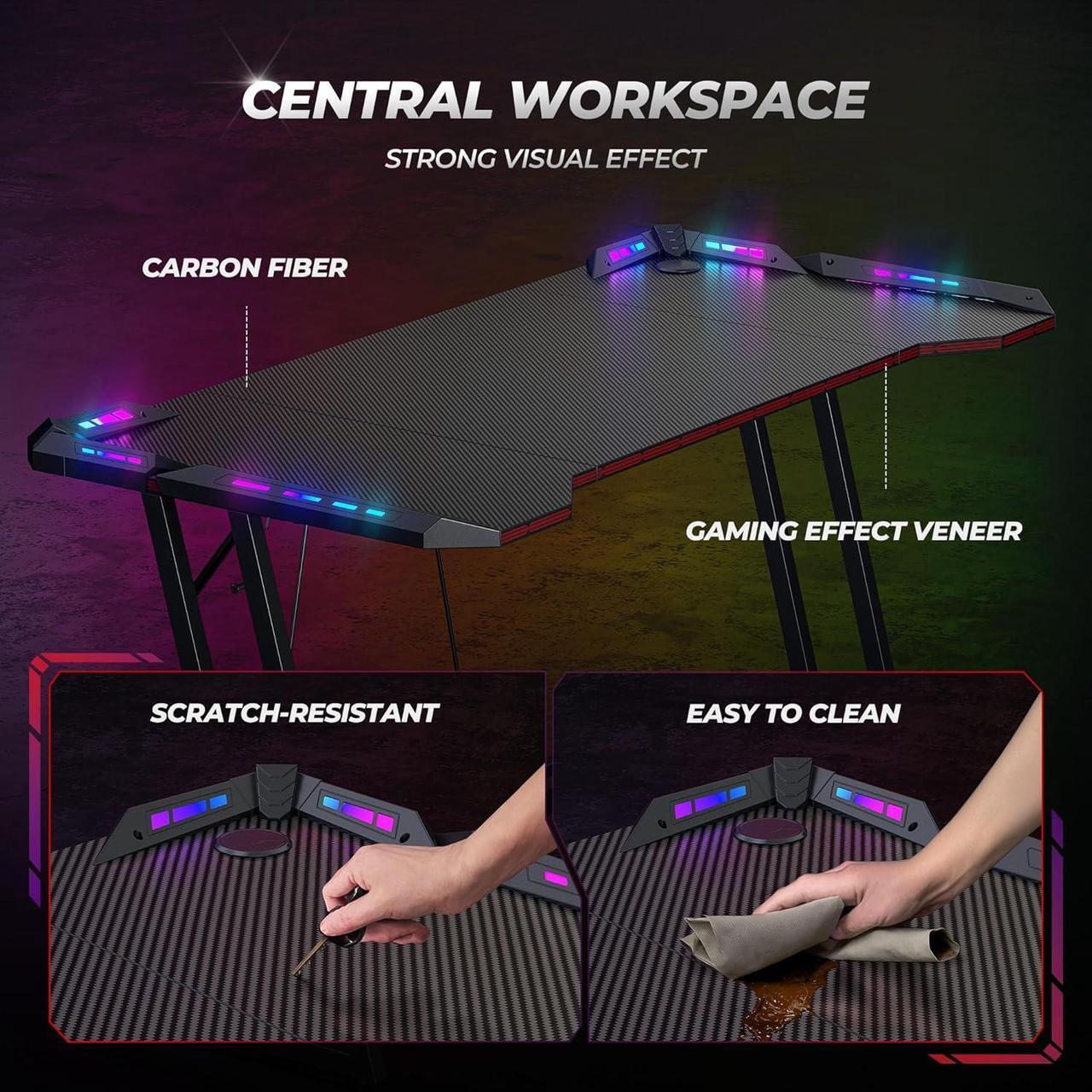 Alt view image 7 of 7 - CubiCubi Gaming Desk with LED Lights, 55 Inch Z Shaped Gamer Desk, Home Game Computer Desk with Carbon Fiber Surface, Ergonomic Office PC Workstation with Cable Management, Black