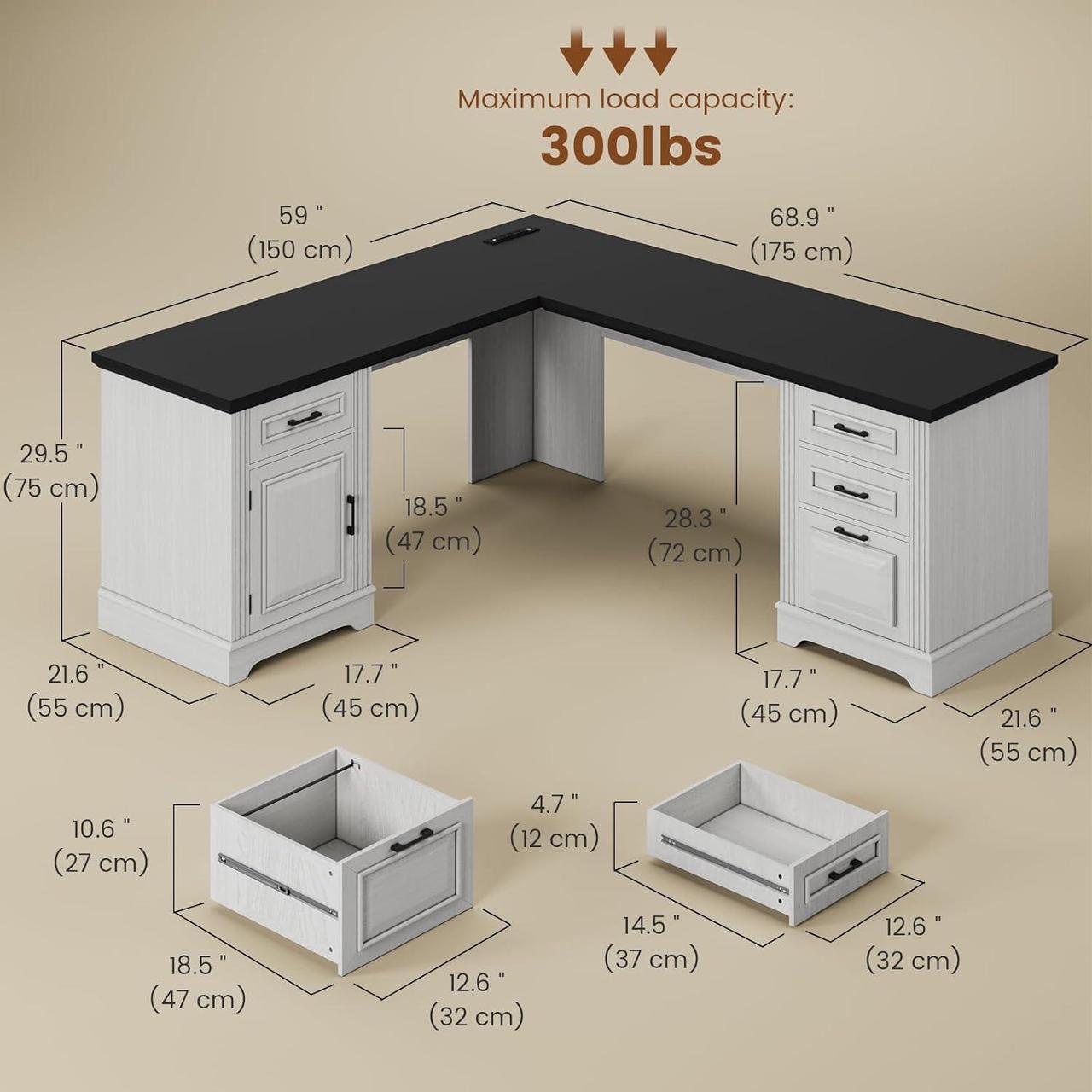 Alt view image 6 of 7 - Itaar Farmhouse Executive L Shaped Desk, Home Office Desk with File Drawer and Power Outlet, Computer Corner Desk with Drawers and Storage Cabinet, Workstation for Office Home, White