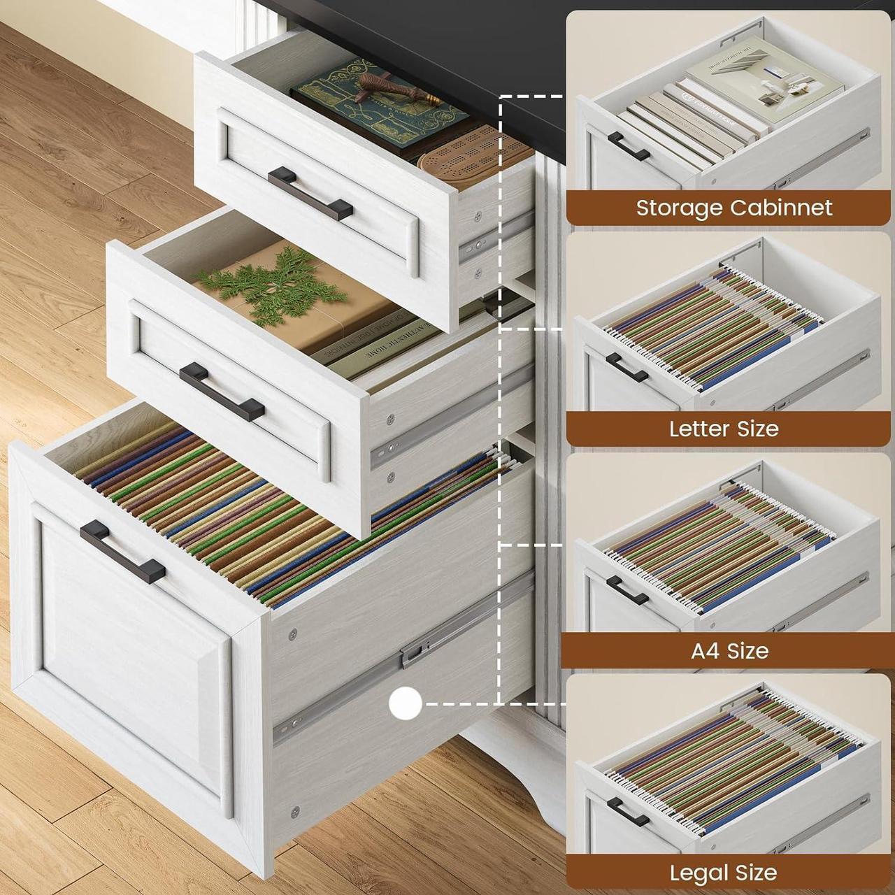 Alt view image 4 of 7 - Itaar Farmhouse Executive L Shaped Desk, Home Office Desk with File Drawer and Power Outlet, Computer Corner Desk with Drawers and Storage Cabinet, Workstation for Office Home, White