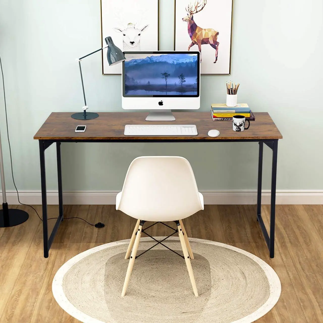 Alt view image 2 of 6 - Computer Desk,47.2 inches Home Office Desk Writing Study Table Modern Simple Style PC Desk with Metal FrameBrown