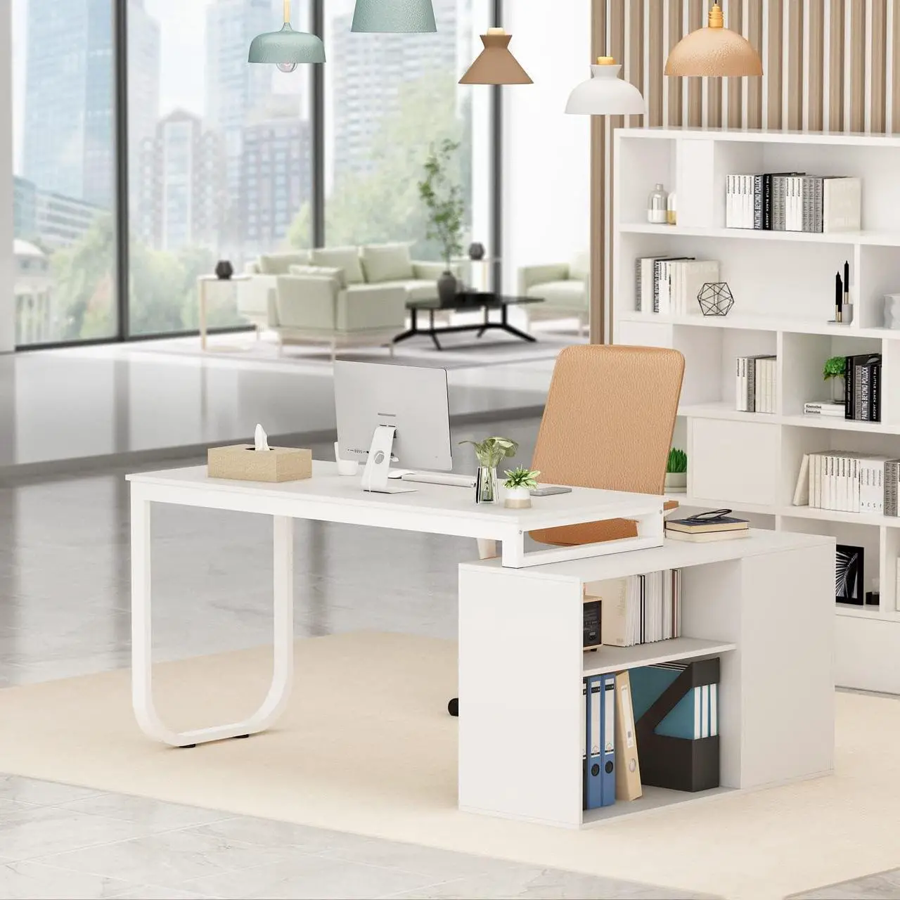 Alt view image 3 of 7 - Home Office Computer L-Shaped Desk Corner Desk with 3 Drawers & 2 Shelves, 55 Inch Large Study Writing Table with Storage Cabinet (White)