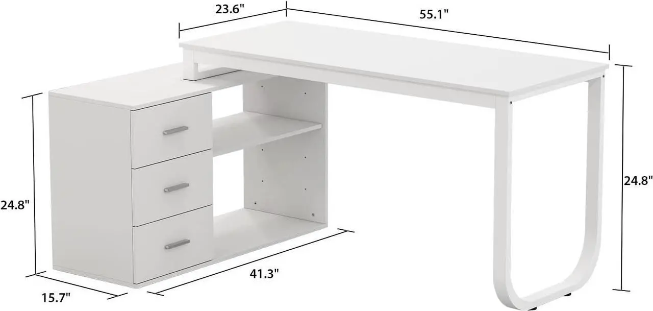 Alt view image 2 of 7 - Home Office Computer L-Shaped Desk Corner Desk with 3 Drawers & 2 Shelves, 55 Inch Large Study Writing Table with Storage Cabinet (White)